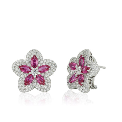 Flower earrings in rhodium-plated 925 silver with pave of white and coloured zircons - boothandbooth